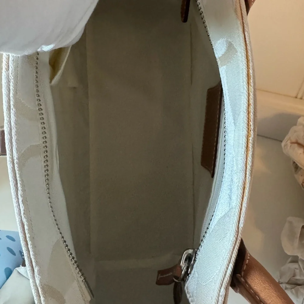 Coach Canvas Leather Brown and Cream Handbag with Blue Scarf NWT